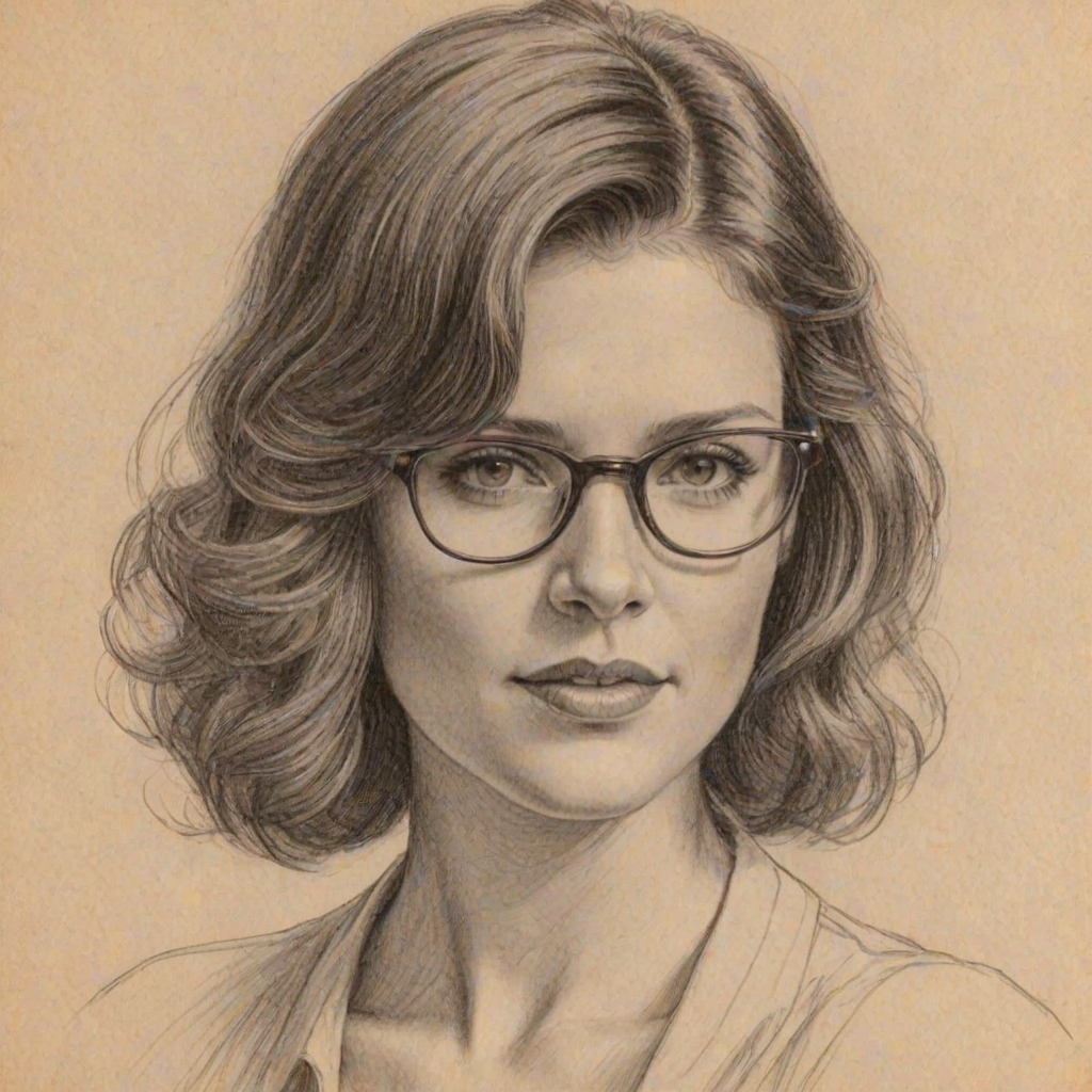 Beauteous Sarah Lancaster, pencil sketch, portrait of Splendid woman 1922s in glasses, hair style beatnik, outline, clear lines, fine lines, 8k