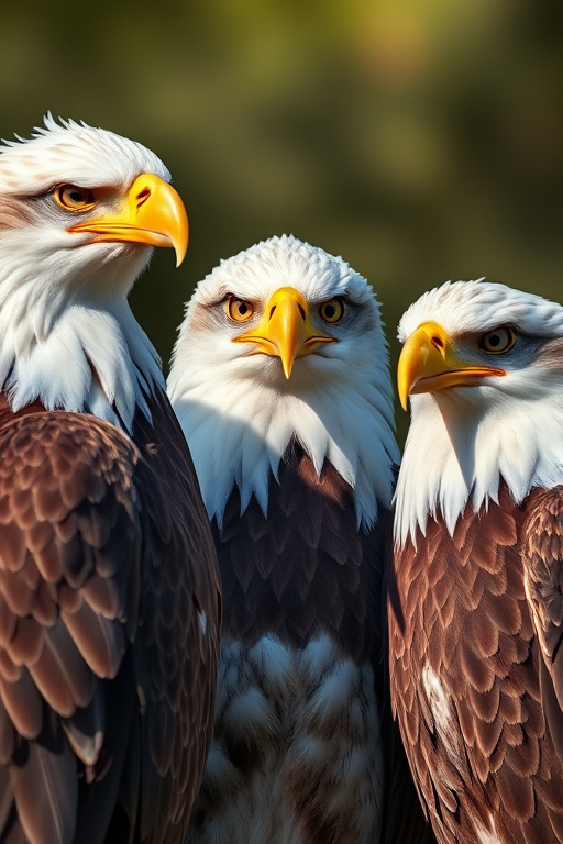 high-resolution image of three eagles standing side by side, captured with a Canon EOS 5D Mark IV, 50mm lens, f/8 aperture, ISO 200, natural light with soft shadows, focus on details of feathers and facial features, slight vignette for depth