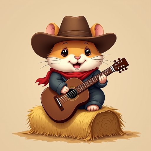 A chibi hamster, dressed as a cowboy, playing guitar, sitting on a hay bale