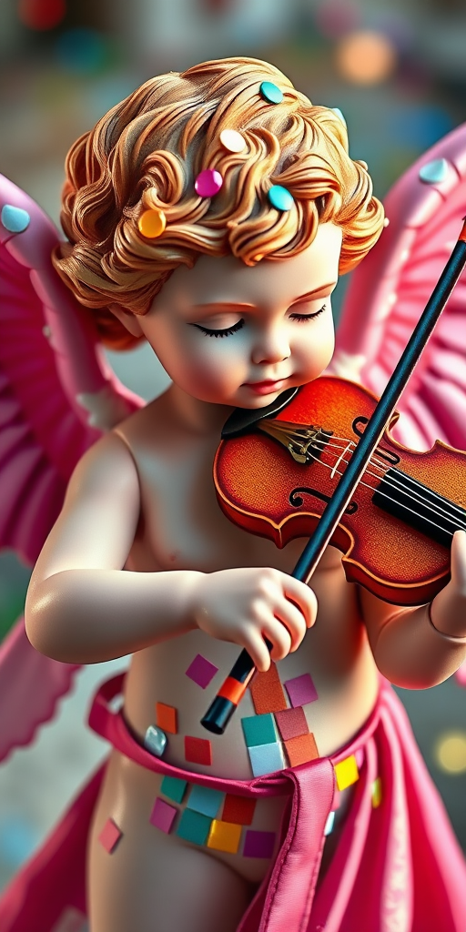Create a vibrant, high-resolution image of a cherubic angel playing a violin with pink wings, in a colorful mosaic style, using a DSLR camera at 50mm focal length, f/1.8 aperture, ISO 100, natural light, and a shallow depth of field to enhance the details of the angel and background textures.