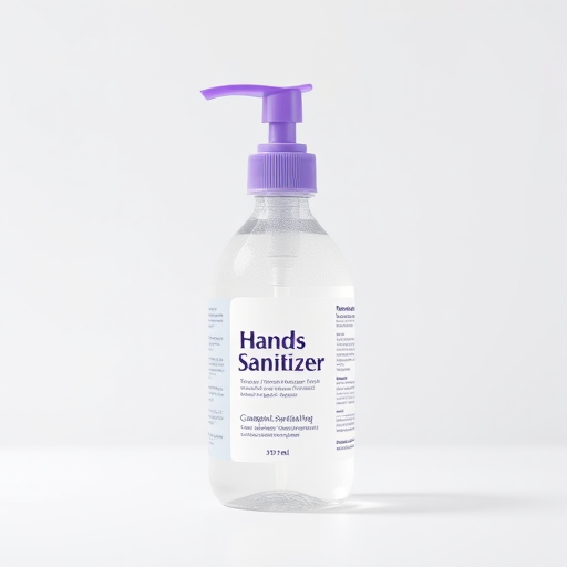 Create a high-resolution image of a sleek, modern hand sanitizer bottle with a purple pump top and a minimalist design, using a 50mm lens, f/2.8 aperture, ISO 100, natural light, front view, DSLR camera.