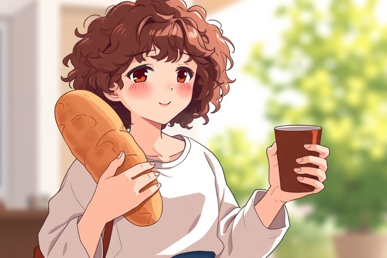 Create an illustration of a person with curly hair wearing a casual outfit, holding a loaf of bread in one hand and a cup in the other, captured with a shallow depth of field, 50mm lens, f/1.8 aperture, outdoor natural lighting, slightly tilted angle to emphasize warmth and comfort.
