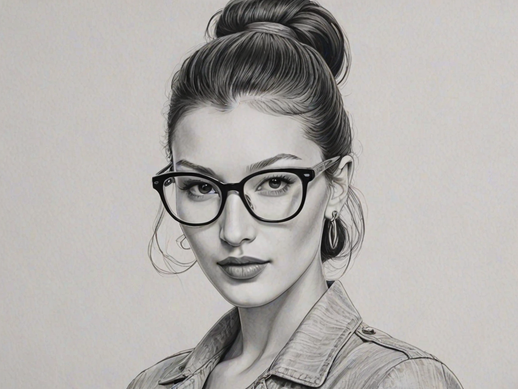 Appealing Bella Hadid, pencil sketch, portrait of Lovely woman 1950s in glasses, hair style beatnik, outline, clear lines, fine lines, 8k