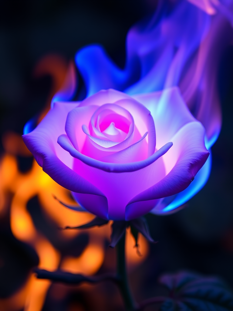 Create a high-resolution image of a pink rose with blue edges surrounded by mystical flames, using a DSLR camera with a 50mm f/1.8 lens at ISO 100, aperture f/2.8, and shutter speed 1/200s, shot from a low angle to enhance depth of field and detail.