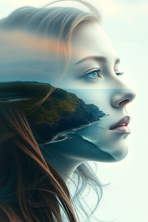 create Book cover, A surreal double exposure portrait that blends a woman's face with a beautiful seascape. The overall mood is dreamy and mystical, with rich colors and intricate details