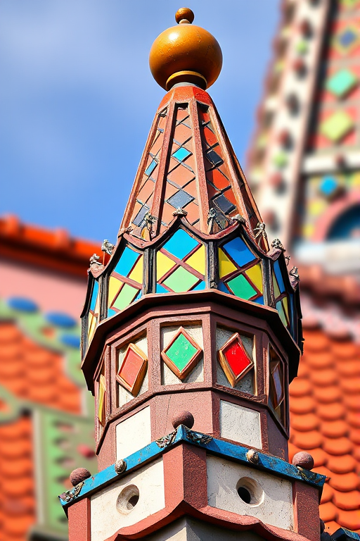 Take a high-resolution photograph of a colorful architectural detail featuring a pointed turret with intricate tiles and decorative elements, using a DSLR camera with a 50mm lens, aperture set to f/8 for sharpness, ISO 100 to reduce noise, and natural lighting for vibrant color capture.