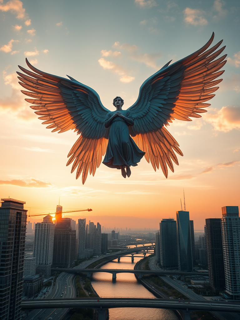 Create a hyper-realistic image of a giant angelic figure with expansive wings soaring over a modern cityscape at sunset, using a DSLR camera with a 24mm lens, f/8 aperture, ISO 100, and a wide-angle perspective to capture the skyline and river below.