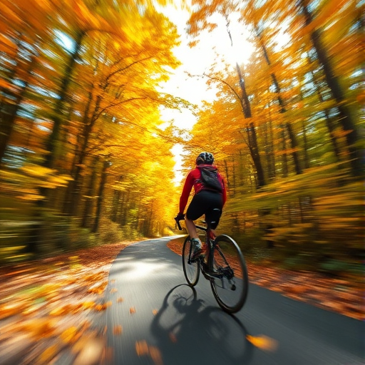 Blurry action shot of a cyclist racing through a vibrant autumn forest, leaves swirling in the air, with the sunlight filtering through the colorful canopy overhead.