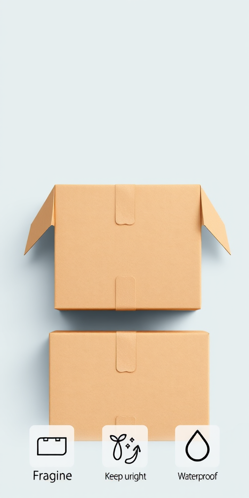 Create a high-resolution digital illustration of two brown cardboard boxes, one slightly open at the top and the other closed, with shipping icons below them indicating fragile, keep upright, and waterproof; use a DSLR camera with a 50mm lens, f/2.8 aperture, soft lighting, and a slight top-down angle for depth.