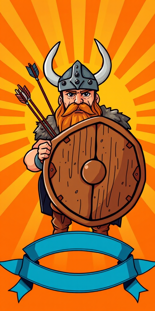 Create a vibrant cartoon-style illustration of a Viking warrior holding a shield riddled with arrows, set against a radiant orange sunburst background, with a decorative blue ribbon at the bottom; use a DSLR camera type, ISO 100, aperture f/4, shutter speed 1/250, focal length 50mm, and a soft focus view to enhance image quality.