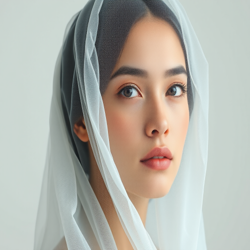 Create a hyper-realistic portrait of a young woman with a translucent veil wrapped around her head, soft lighting, high resolution, using a Canon EOS R5 with a 50mm f/1.2 lens, ISO 100, aperture f/2.8, and 1/200 sec shutter speed, in a studio setting with a plain backdrop.