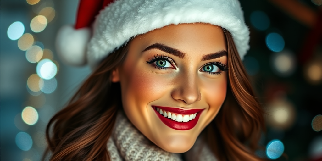 Create a festive portrait of a woman in a Santa hat with a bright smile, capturing her enchanting green eyes and joyful expression, using a Canon EOS R5 with a 50mm f/1.2 lens, set to ISO 100, aperture f/2.8, and a soft focus background for a dreamy holiday vibe.