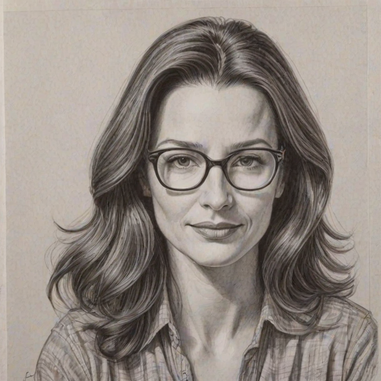 Resplendent Kristin Davis, pencil sketch, portrait of Magnificent woman 1971s in glasses, hair style beatnik, outline, clear lines, fine lines, 8k