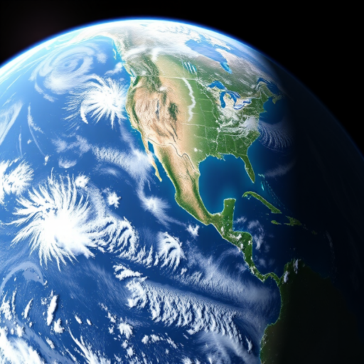 Generate a high-resolution image of Earth from space, capturing both the Americas and surrounding oceanic features, using a DSLR camera with a 24mm lens, aperture f/8, ISO 100, and a wide-angle view, simulating a clear atmosphere and bright daylight.