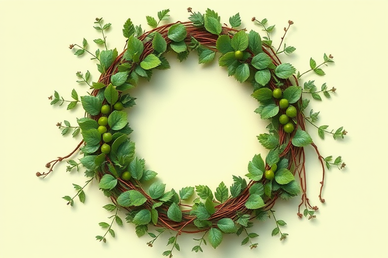 Create a detailed illustration of a circular wreath made of various green leaves and vines on a soft green background, using a Canon EOS R5 camera with a 50mm f/1.2 lens, aperture set to f/2.8, ISO 100, and natural soft lighting to enhance the texture and colors of the foliage.