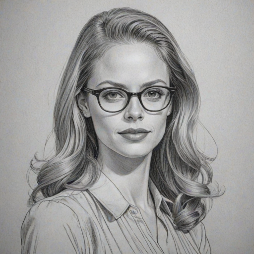 Stunning Claire Coffee, pencil sketch, portrait of Alluring woman 1940s in glasses, hair style beatnik, outline, clear lines, fine lines, 8k