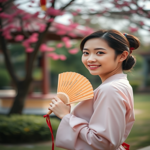 portrait of a person holding a traditional fan in a serene outdoor setting, soft natural lighting, f/2.8 aperture, 50mm lens, ISO 200, shallow depth of field, taken with a DSLR camera, side view composition