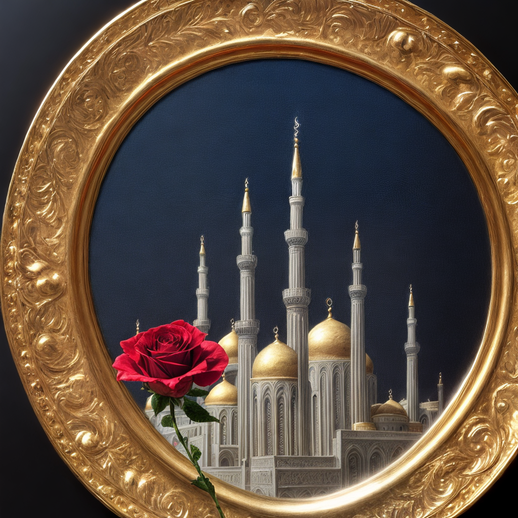 black mosque with a single minaret on a red rose inside a gold ...
