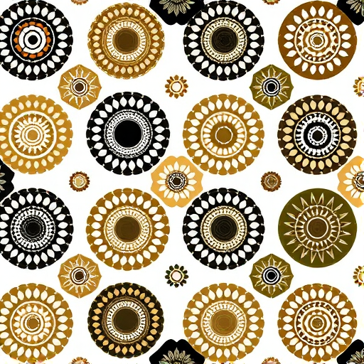 Generate a high-resolution image of a seamless pattern featuring various circular designs with alternating colors of black, olive green, beige, and brown, set against a white background, using a Canon EOS R5 camera with a 50mm f/1.8 lens, aperture set to f/8, ISO 100, and a soft light setup for even illumination.