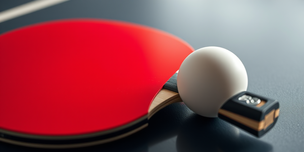 Create a high-resolution image of a red table tennis paddle and a white ping pong ball, shot with a Canon EOS R5 at f/2.8, ISO 100, 1/200s, in a macro view to capture fine details and textures, with soft lighting to enhance color vibrancy and depth.