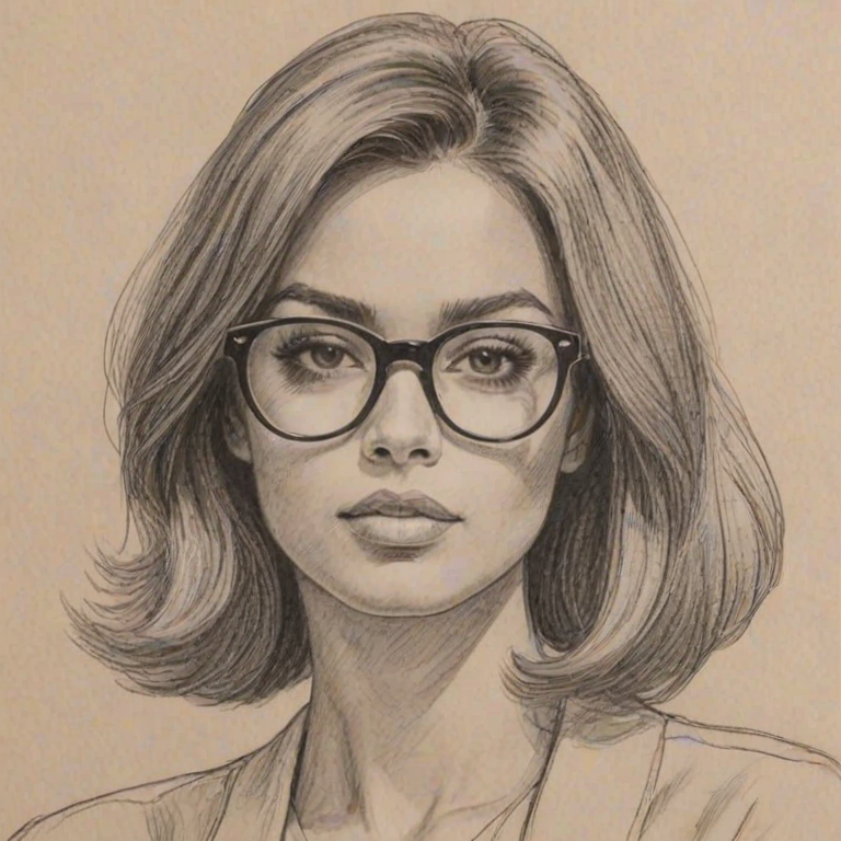 Fetching Ciara, pencil sketch, portrait of Appealing woman 1966s in glasses, hair style beatnik, outline, clear lines, fine lines, 8k