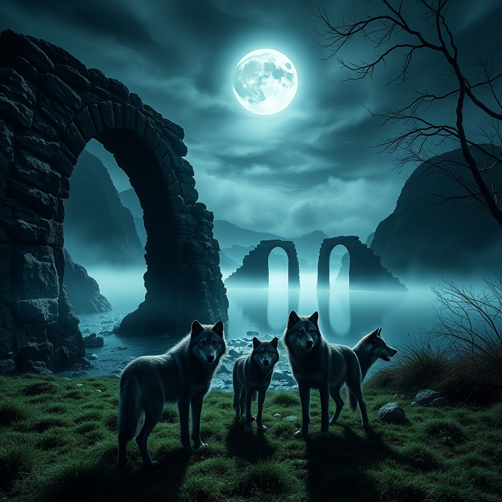 dark fantasy landscape with ancient stone arches near a misty lake, three wolves in the foreground, moonlight casting eerie shadows, high dynamic range, aperture f/2.8, ISO 400, 24mm lens, shot from a low angle, using a full-frame DSLR camera