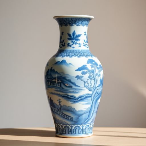 Capture a detailed image of a traditional Chinese porcelain vase with intricate blue and white patterns depicting a serene landscape, using a 50mm lens, f/2.8 aperture, ISO 100, in soft natural lighting, with a shallow depth of field, on a DSLR camera, centered against a neutral background.