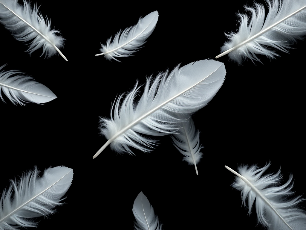 Create an image of white feathers floating on a black background with a Canon EOS R5 camera, using a 50mm lens, f/2.8 aperture, shutter speed of 1/200s, ISO 100, top-down view, in high dynamic range style.