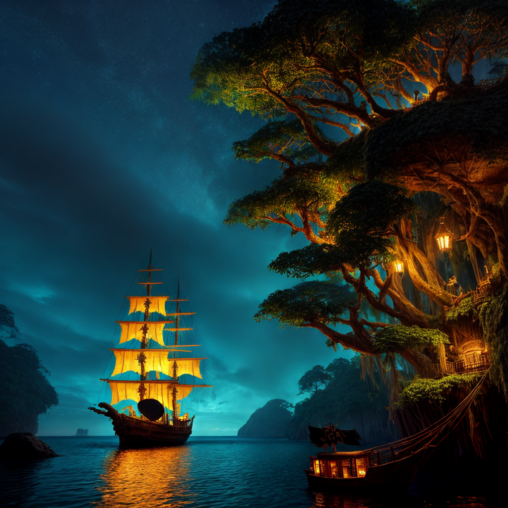 pirate ship at night with lighted windows coming into a tree filled ...