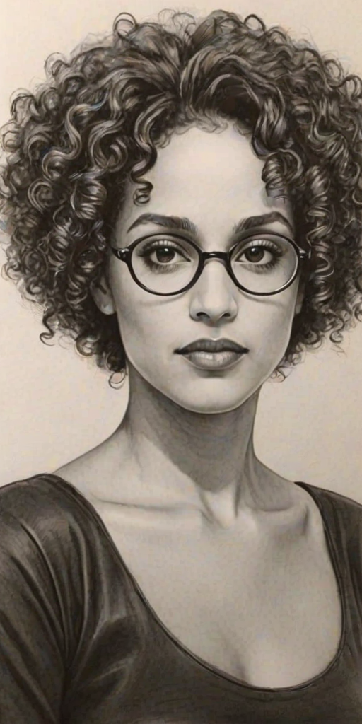 Comely Karyn Parsons, pencil sketch, portrait of Gorgeous woman 1923s in glasses, hair style beatnik, outline, clear lines, fine lines, 8k