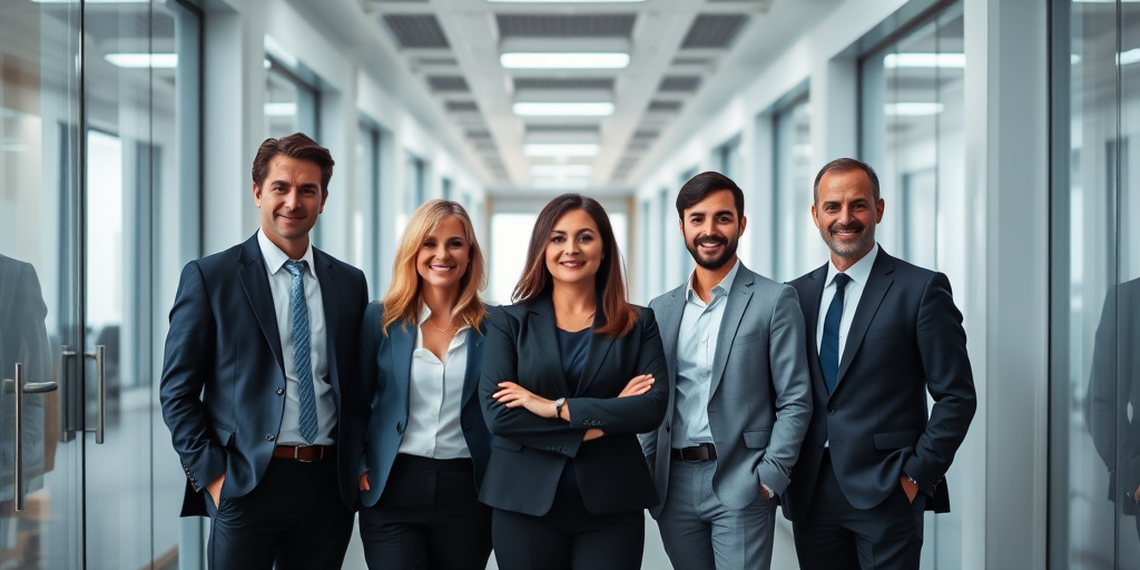 Generate a high-resolution professional group portrait of five individuals dressed in business attire standing confidently in a modern office corridor, using a Canon EOS R5 with a 50mm f/1.2 lens, shot at f/2.8, ISO 100, shutter speed 1/125s, natural soft lighting, and a shallow depth of field for a blurred background.