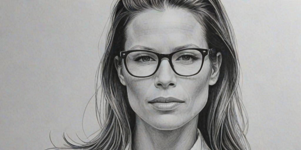 Beauteous Rhona Mitra, pencil sketch, portrait of Delightful woman 1938s in glasses, hair style beatnik, outline, clear lines, fine lines, 8k