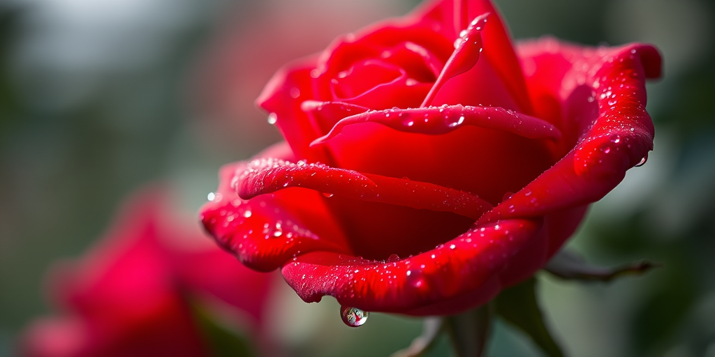 close-up shot of a vibrant red rose with dewdrops, shallow depth of field, f/1.8 aperture, 50mm lens, natural soft lighting, DSLR camera, macro photography style, high resolution, vivid colors