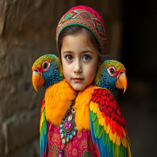 A beautiful Ashkenazi girl, wearing colorful bird clothing with vibrant colors