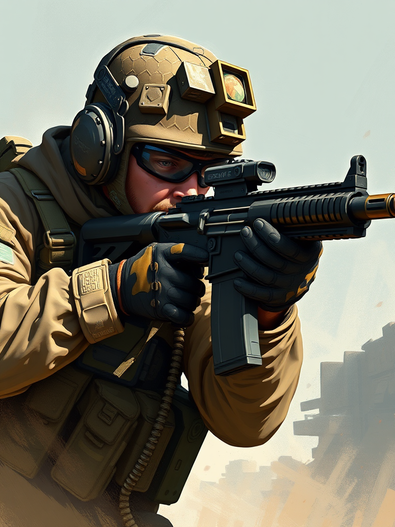 Create a detailed illustration of a soldier in tactical gear aiming an assault rifle, with emphasis on realistic textures and lighting, shot from a low angle, using a DSLR camera with a 50mm lens at f/1.8, shutter speed 1/200 sec, ISO 100, in a digital painting style.