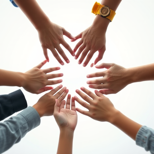 Regenerate the image of multiple hands forming a circular shape, capturing the essence of unity and collaboration, using a Canon EOS R5, 50mm f/1.8 lens, shoot in aperture priority mode, ISO 100, with a soft focus background to enhance the clarity of the hands.