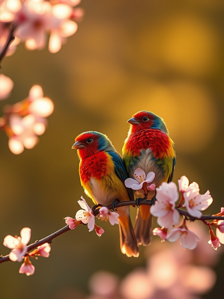 a pair of colorful birds perched on a cherry blossom branch with a dreamy bokeh background, soft golden sunlight filtering through, macro lens, f/2.8, ISO 100, 50mm, shallow depth of field, DSLR, vibrant colors