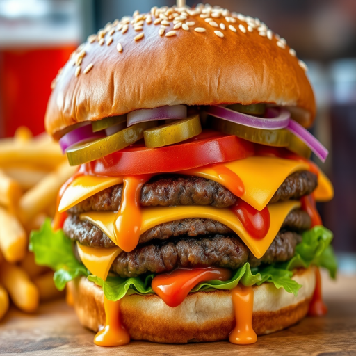 High-resolution, close-up image of a gourmet double cheeseburger. The burger features a glossy, sesame-seed-topped brioche bun. Inside, there are two thick, juicy beef patties, each topped with melted cheddar cheese. The burger is garnished with fresh lettuce, tomato slices, diced onions, and pickles. A generous amount of ketchup and a creamy, orange-colored sauce is dripping down the sides, adding to the mouth-watering appeal. In the background, there are blurred elements including a side of golden French fries and a hint of a beverage, enhancing the overall presentation of a delicious meal.
