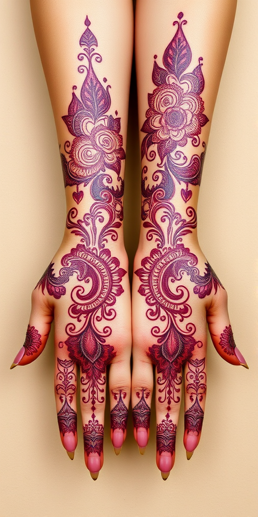 Empowering body tattoo featuring intricate henna-inspired patterns adorning the hands and forearms, rendered in rich burgundy ink with delicate swirls