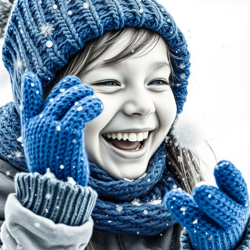 A hyperdetailed photorealistic macro image black and white pencil sketch of a young girl getting hit by a snowball during a snowball fight. She is wearing a brilliant sapphire blue wool beanie and bright blue mittens. She is trying to block the snowball by putting her hands up. The snowball hits her beanie and disintegrates into myriad tiny snowflakes caught with high speed photography. The girl is laughing and having a wonderful time.