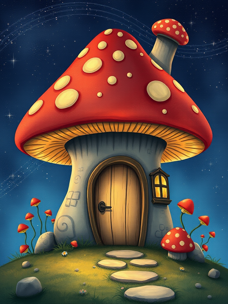create illustration of a mushroom house with a door and a window, a storybook , fantasy art, mushroom house, bg starry sky, sparkles