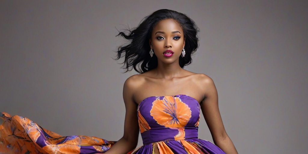 Photographic image of a beautiful young Hausa woman, cyan eyes, lips with orange lipstick, long hair fluttering in the wind and wearing a silk strapless dress with a soft purple and orange print. monochrome image with only color highlights in the iris of the eyes, lipstick and dress. Gray background.