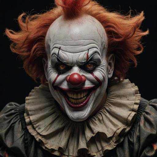 Create a hyper-realistic, dark, and eerie clown with a sinister smile, set against a black background. The clown should have exaggerated makeup with sharp, contrasting colors to enhance its menacing appearance. The overall atmosphere should be unsettling and intense, capturing a sense of horror and suspense
