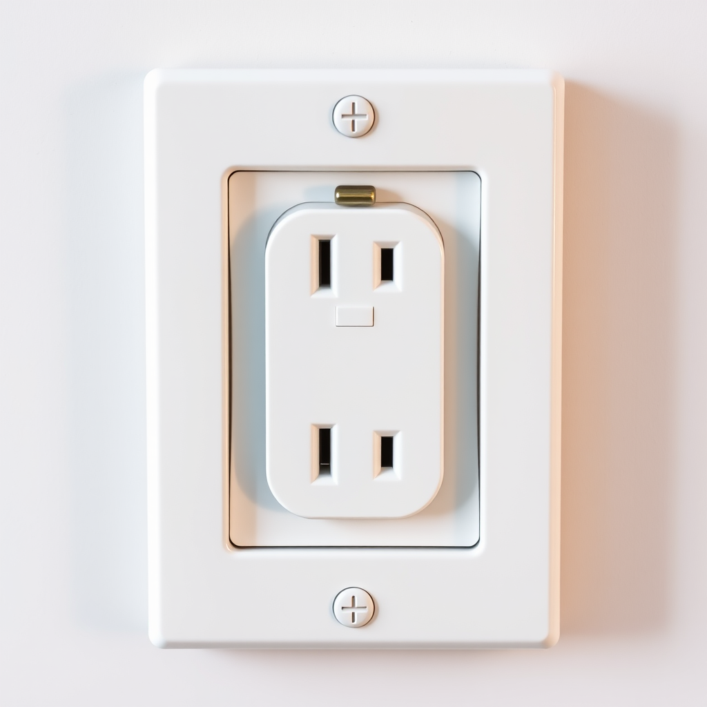 Generate an image of a modern electrical outlet with a sleek design, high-resolution, using macro lens, f/2.8 aperture, 50mm focal length, soft natural lighting, and a neutral background to enhance clarity and detail.