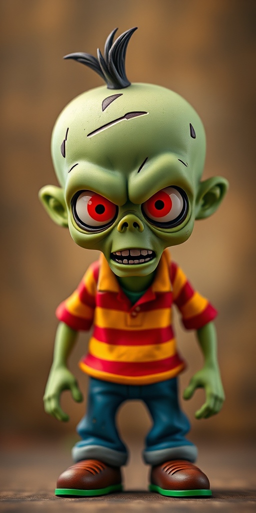 Create a vibrant cartoon character of a green zombie with red eyes wearing a striped red and yellow shirt and blue pants, captured in a 35mm lens with f/4 aperture, ISO 100, and a soft-focused background for a playful and lively effect.
