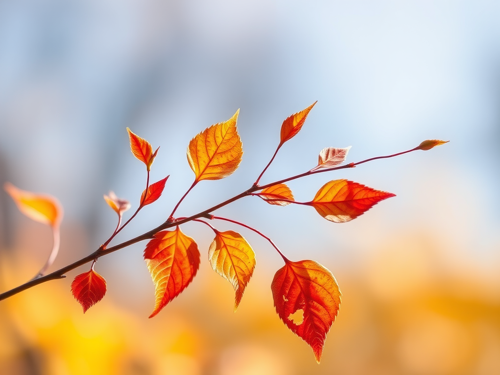 Create a high-resolution watercolor illustration of a delicate branch with leaves in warm autumn colors, captured with a full-frame DSLR camera at f/2.8, ISO 100, 1/200s, using a macro lens and natural light to enhance detail and color vibrancy.