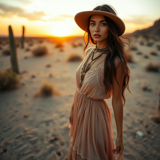Desert setting, bohemian model, flowy dresses, earthy tones, rustic sunset effect,  equipped with a 12mm lens to capture an overhead view of the model, emphasizing symmetry and spatial positioning