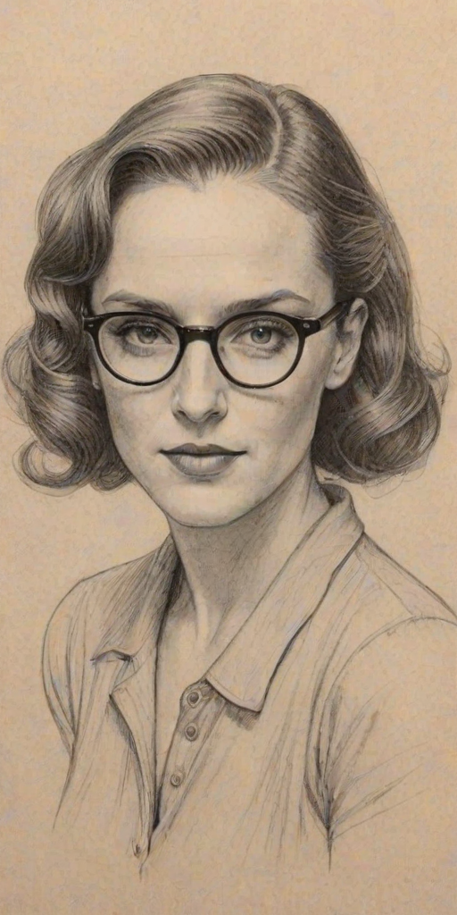 Wonderful Kerry Condon, pencil sketch, portrait of Wonderful woman 1930s in glasses, hair style beatnik, outline, clear lines, fine lines, 8k