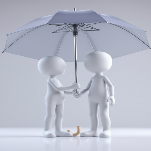 Create a 3D rendering of two stylized humanoid figures holding hands under a large umbrella, soft diffused lighting, high-resolution, 35mm lens, f/2.8 aperture, 24 fps, shot from a slightly low angle to emphasize the figures, crisp details and smooth textures.