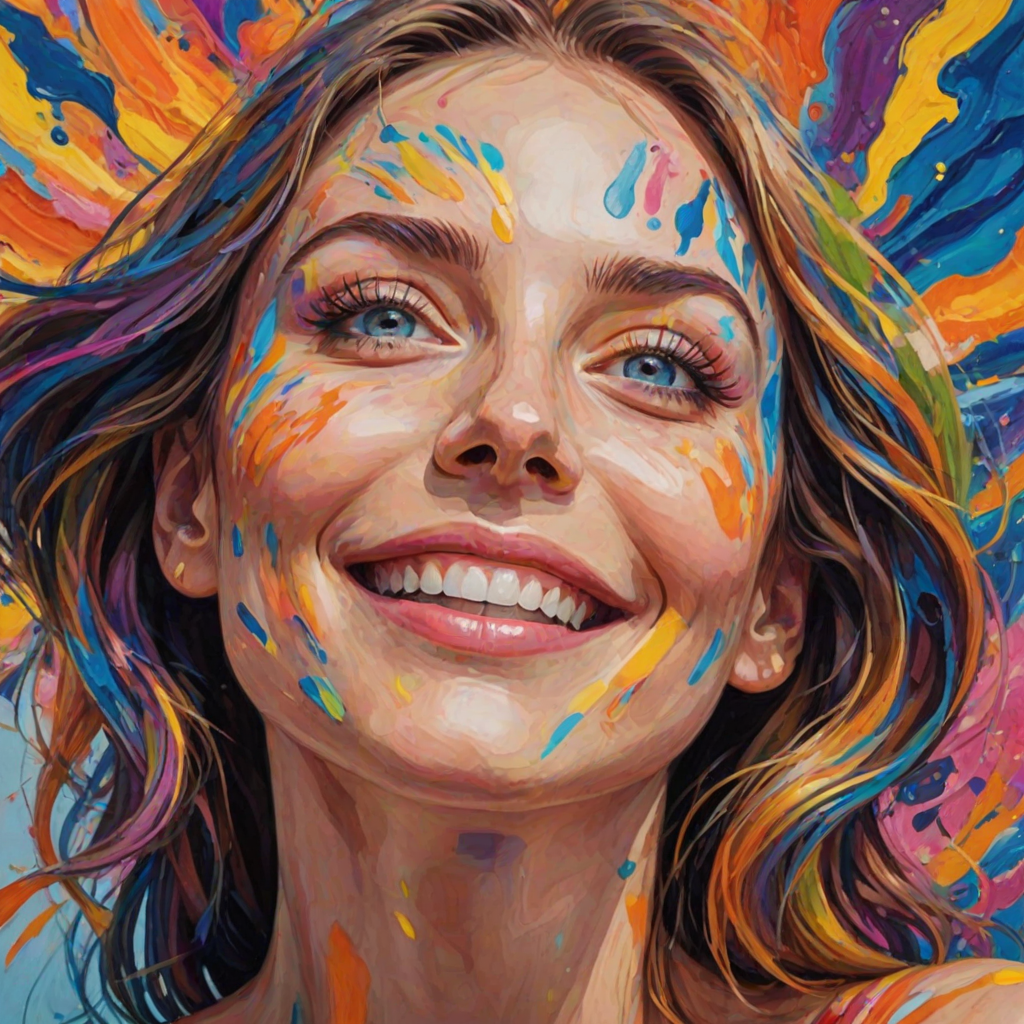 Generate a psychedelic portrait of a woman's happy face with brushstrokes of a woman smiling and looking up at the sky, emphasizing bright and bold colors. The dominant color should be deep blue, with swirling patterns of yellow, green, pink, purple and orange. open blue eyes with long eyelashes, apply an orange-yellow eyeshadow for a mesmerizing effect.